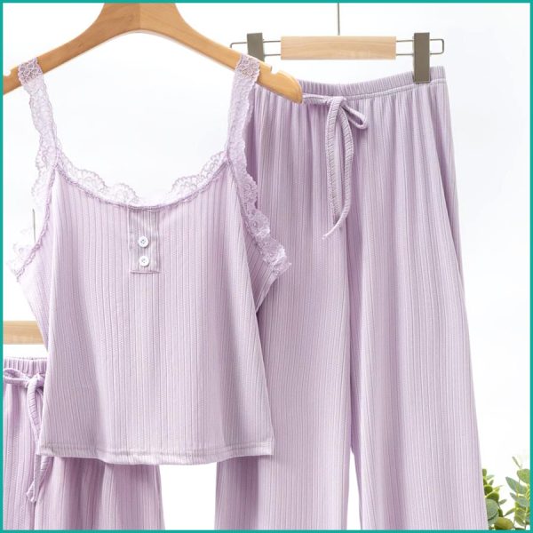 Plain Lace Ladies Crop T-Shirt loungewear 3 Pcs Set - Purple - Image 2