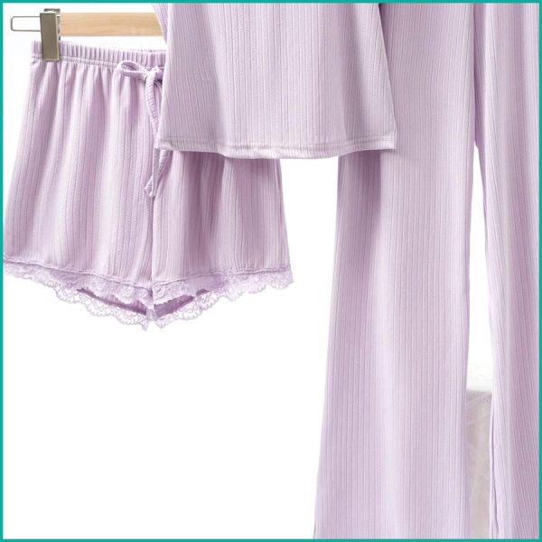 Plain Lace Ladies Crop T-Shirt loungewear 3 Pcs Set - Purple - Image 3