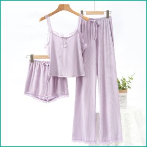 Plain Lace Ladies Crop T-Shirt loungewear 3 Pcs Set - Purple