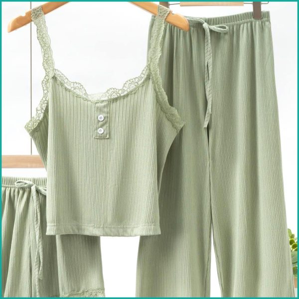 Plain Lace Ladies Crop T-Shirt loungewear 3 Pcs Set - Green - Image 2