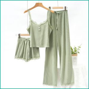 Plain Lace Ladies Crop T-Shirt loungewear 3 Pcs Set - Green