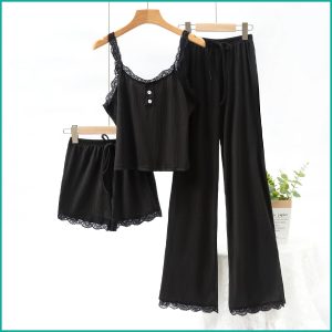 Plain Lace Ladies Crop T-Shirt loungewear 3 Pcs Set - Black