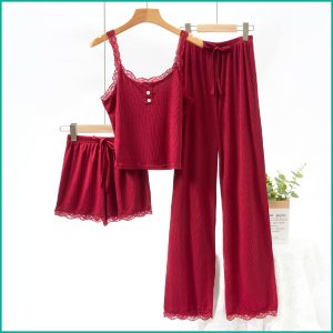 Plain Lace Ladies Crop T-Shirt loungewear 3 Pcs Set - Red