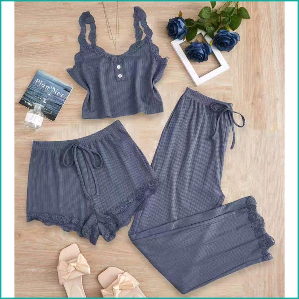 Plain Lace Ladies Crop T-Shirt loungewear 3 Pcs Set - Blue - Image 4