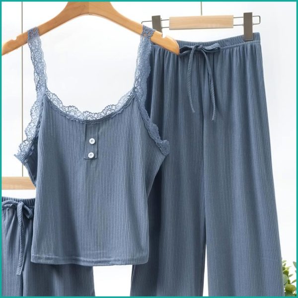 Plain Lace Ladies Crop T-Shirt loungewear 3 Pcs Set - Blue - Image 2