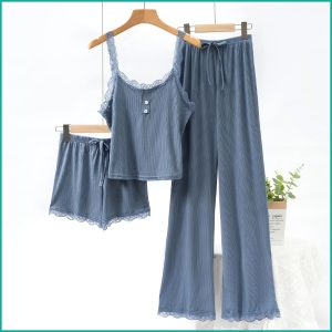 Plain Lace Ladies Crop T-Shirt loungewear 3 Pcs Set - Blue
