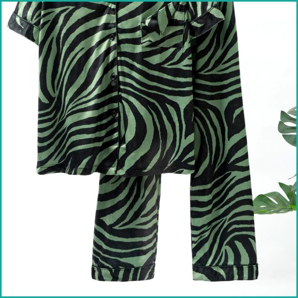 Zebra Print Ladies Front Open Pajama Set - Green - Image 3