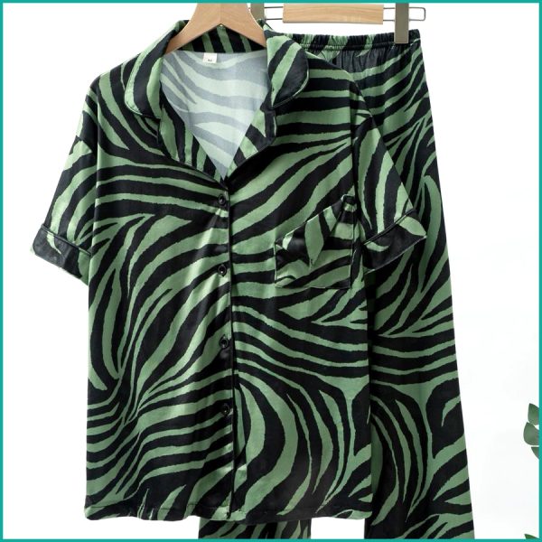 Zebra Print Ladies Front Open Pajama Set - Green - Image 2