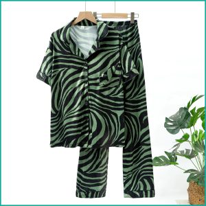 Zebra Print Ladies Front Open Pajama Set - Green