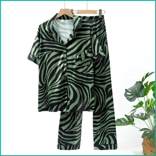 Zebra Print Ladies Front Open Pajama Set - Green