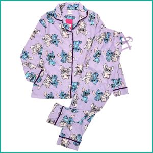 Lilo Stitch Ladies Cotton Front Open Pajama Set - Purple