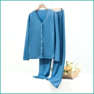 V-Neck Plain Full Sleeves Ladies Pajama Set - Blue