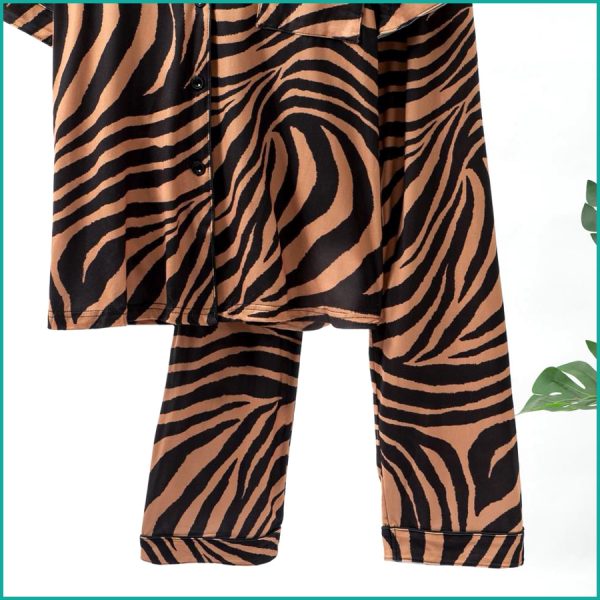 Zebra Print Ladies Front Open Pajama Set - Brown - Image 3
