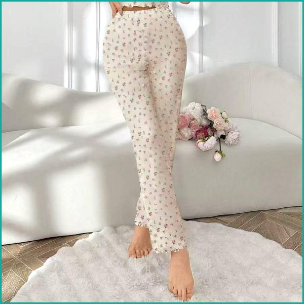 Mini Floral Ladies Loungewear Pajama Set -Cream - Image 3