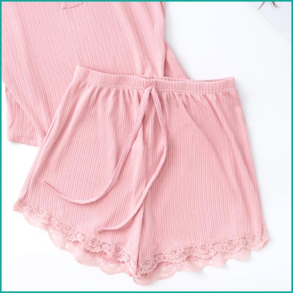 Plain 2 Buttons Ladies Shorts Set - Pink - Image 3