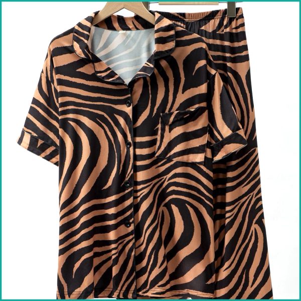 Zebra Print Ladies Front Open Pajama Set - Brown - Image 2