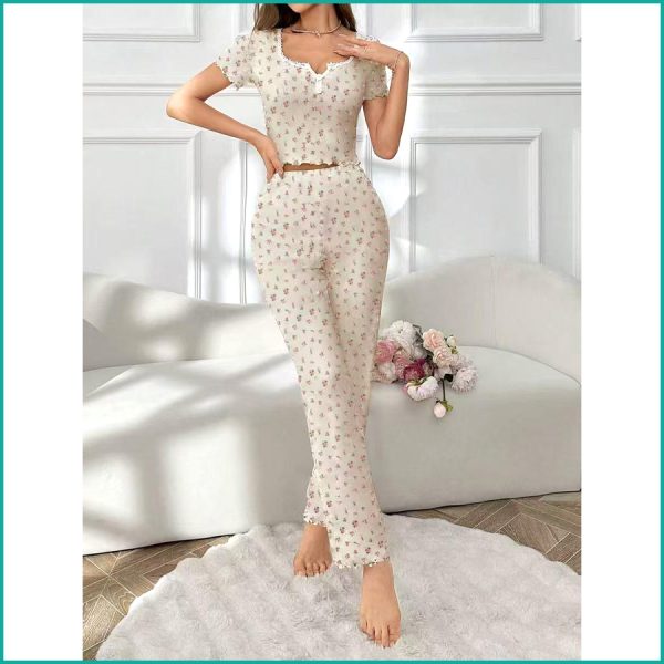 Mini Floral Ladies Loungewear Pajama Set -Cream