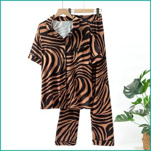 Zebra Print Ladies Front Open Pajama Set - Brown