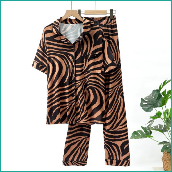 Zebra Print Ladies Front Open Pajama Set - Brown