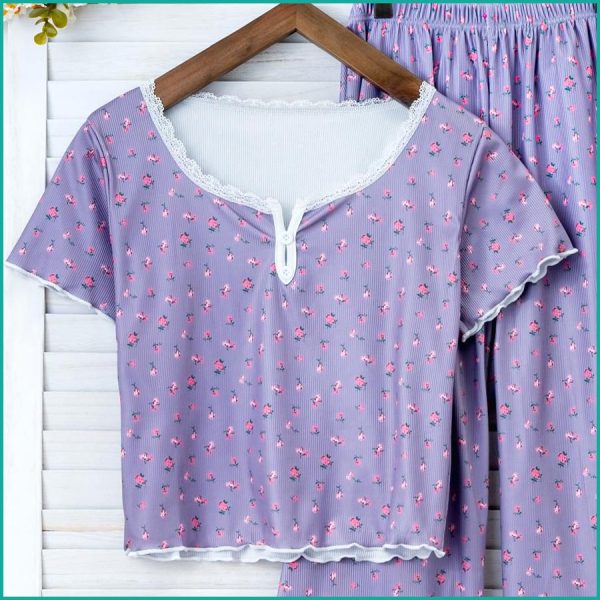 Mini Floral Ladies Loungewear Pajama Set - Purple - Image 2