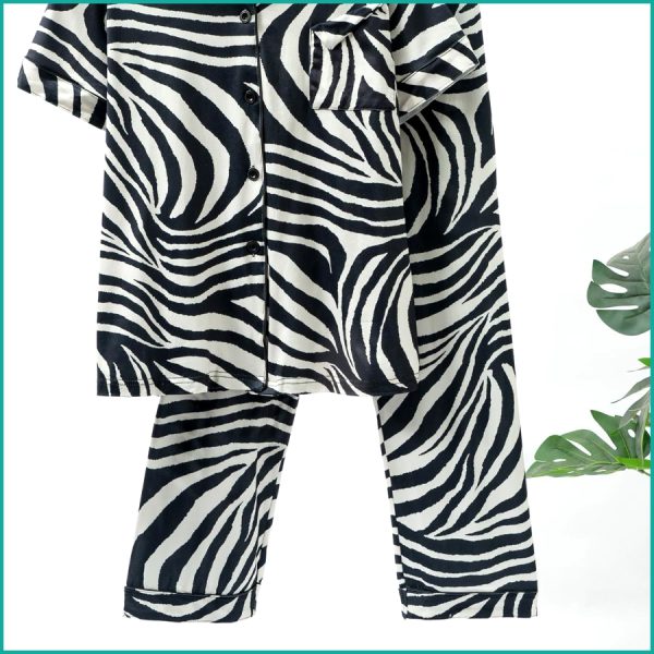 Zebra Print Ladies Front Open Pajama Set - White - Image 3