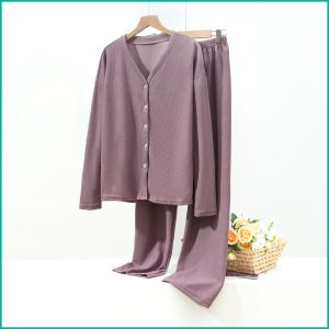 V-Neck Plain Full Sleeves Ladies Pajama Set - Purple