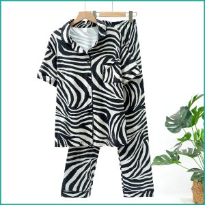 Zebra Print Ladies Front Open Pajama Set - White