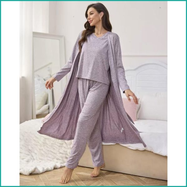 Plain Ladies Loungewear 3 Pcs Set - Purple - Image 4