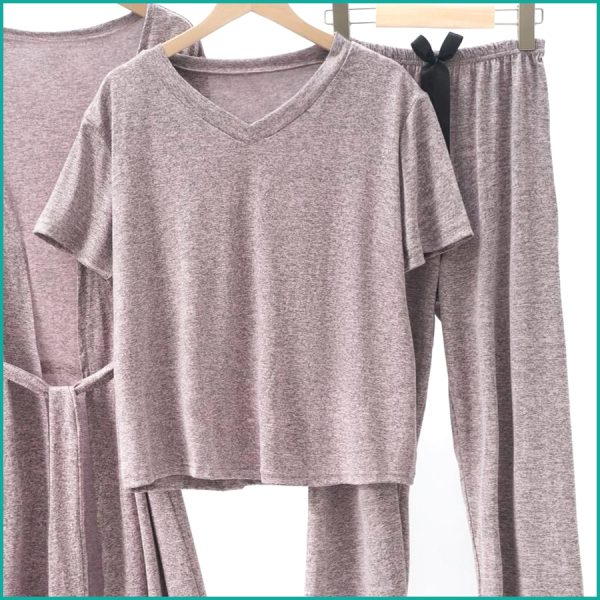Plain Ladies Loungewear 3 Pcs Set - Purple - Image 2