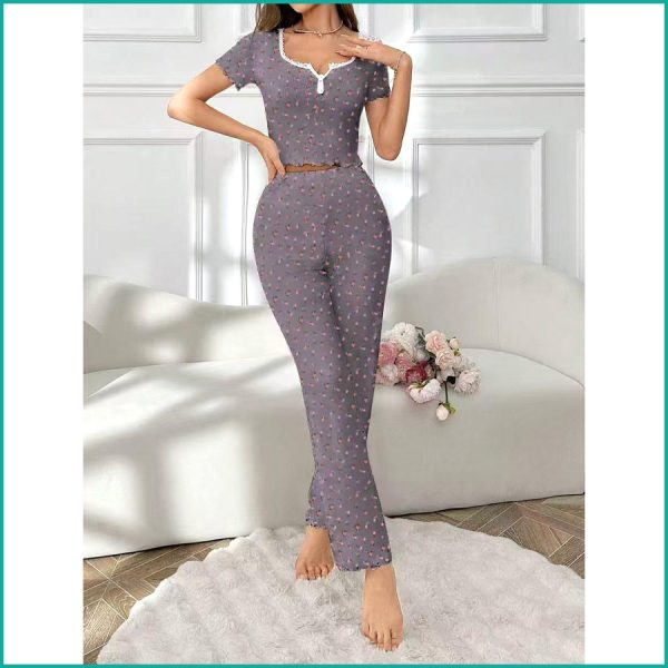Mini Floral Ladies Loungewear Pajama Set - Grey