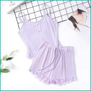 Plain 2 Buttons Ladies Shorts Set - Purple