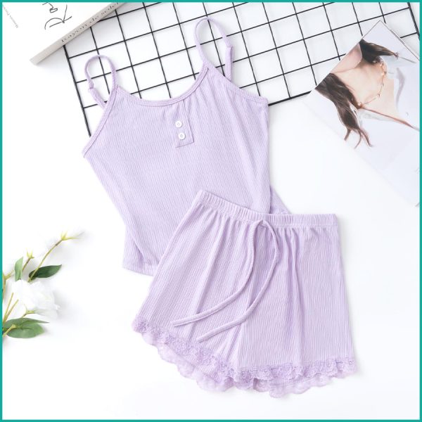 Plain 2 Buttons Ladies Shorts Set - Purple