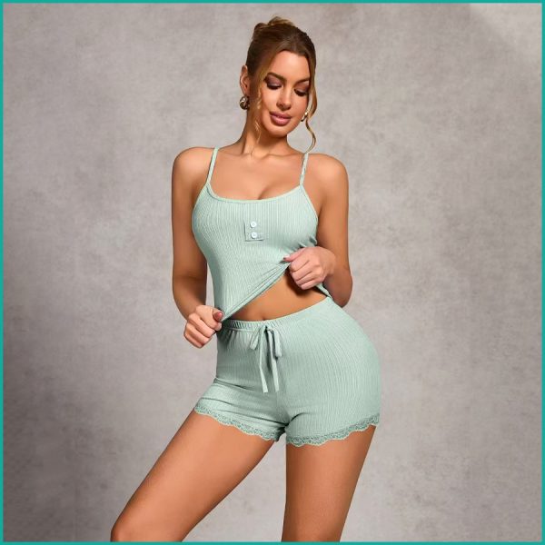 Plain 2 Buttons Ladies Shorts Set - Green - Image 4