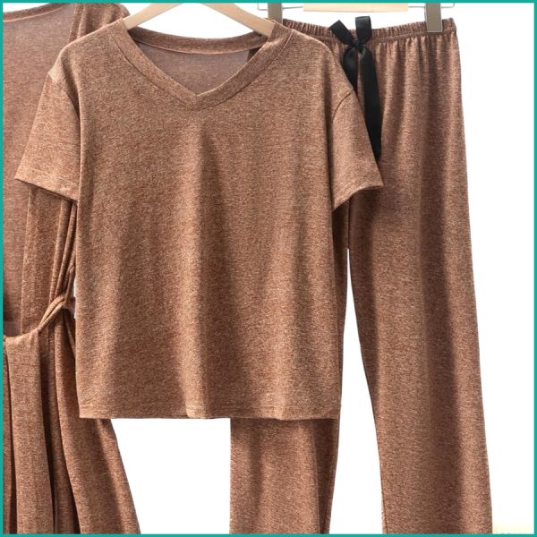 Plain Ladies Loungewear 3 Pcs Set - Brown - Image 2