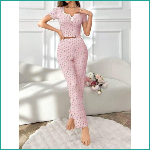 Mini Floral Ladies Loungewear Pajama Set - Baby Pink
