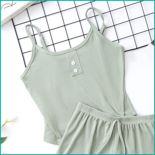 Plain 2 Buttons Ladies Shorts Set - Green - Image 2