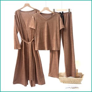 Plain Ladies Loungewear 3 Pcs Set - Brown