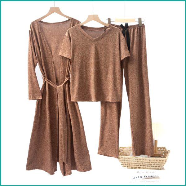 Plain Ladies Loungewear 3 Pcs Set - Brown