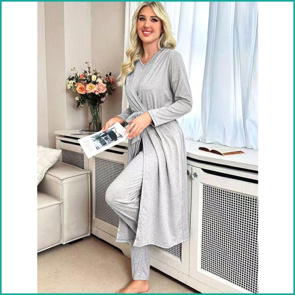 Plain Ladies Loungewear 3 Pcs Set - Grey - Image 4