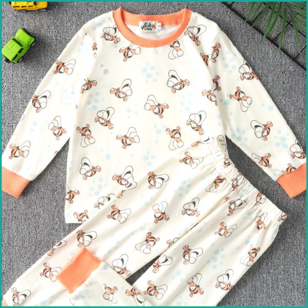 Tiger Face Boys Full Sleeves Pajama Set - Cream - Image 2