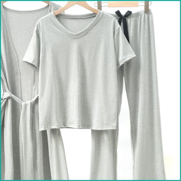 Plain Ladies Loungewear 3 Pcs Set - Grey - Image 2