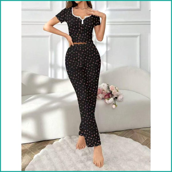Mini Floral Ladies Loungewear Pajama Set - Navy - Image 4