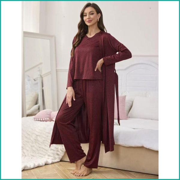 Plain Ladies Loungewear 3 Pcs Set - Maroon - Image 4