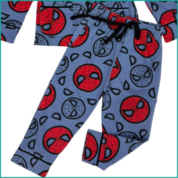 Spiderman Face Boys Front Open Full Sleeves Pajama Set - Blue - Image 3