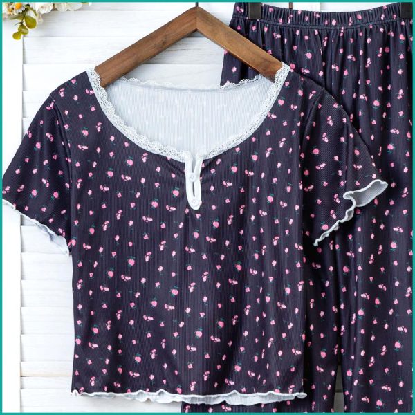 Mini Floral Ladies Loungewear Pajama Set - Navy - Image 2