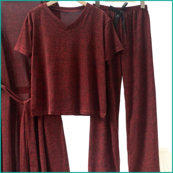 Plain Ladies Loungewear 3 Pcs Set - Maroon - Image 2