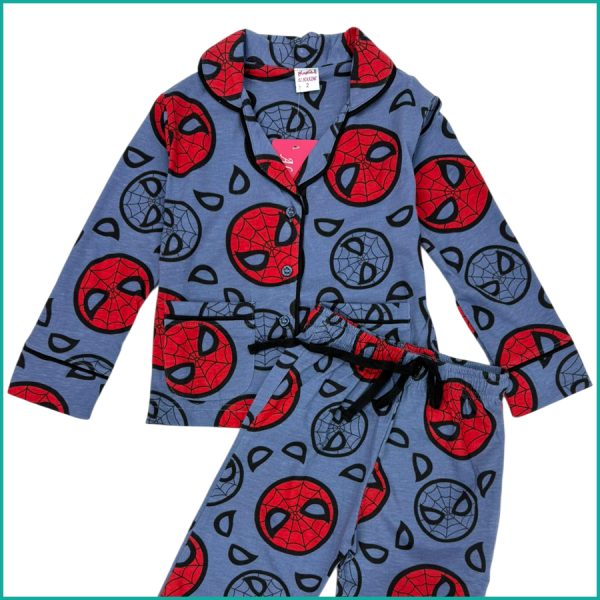 Spiderman Face Boys Front Open Full Sleeves Pajama Set - Blue - Image 2