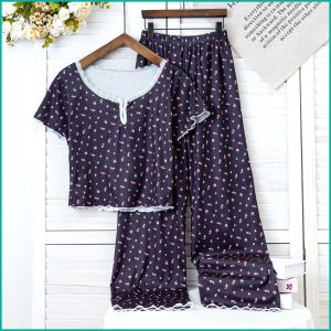 Mini Floral Ladies Loungewear Pajama Set - Navy