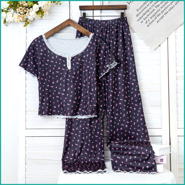 Mini Floral Ladies Loungewear Pajama Set - Navy