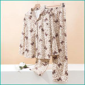 Short Bow Full Sleeves Pajama Set Fine Material - Cream